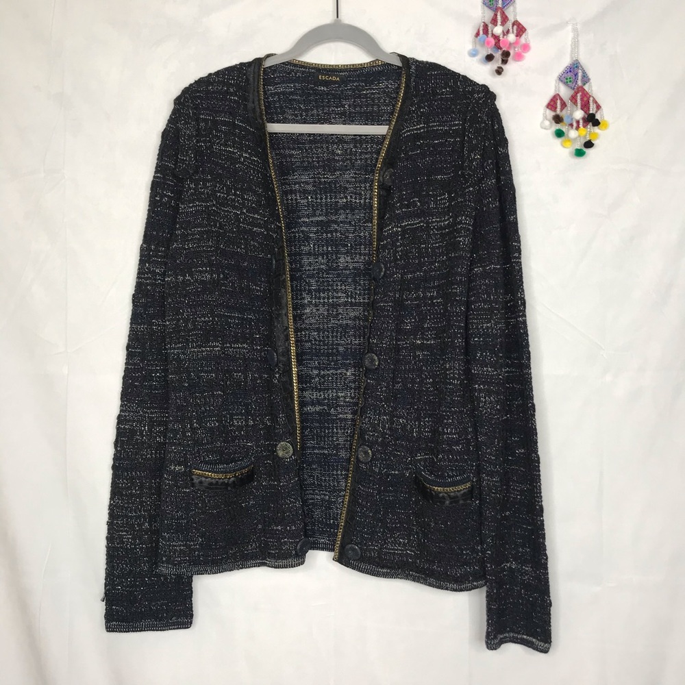 Escada textured knit metallic open tweed jacket